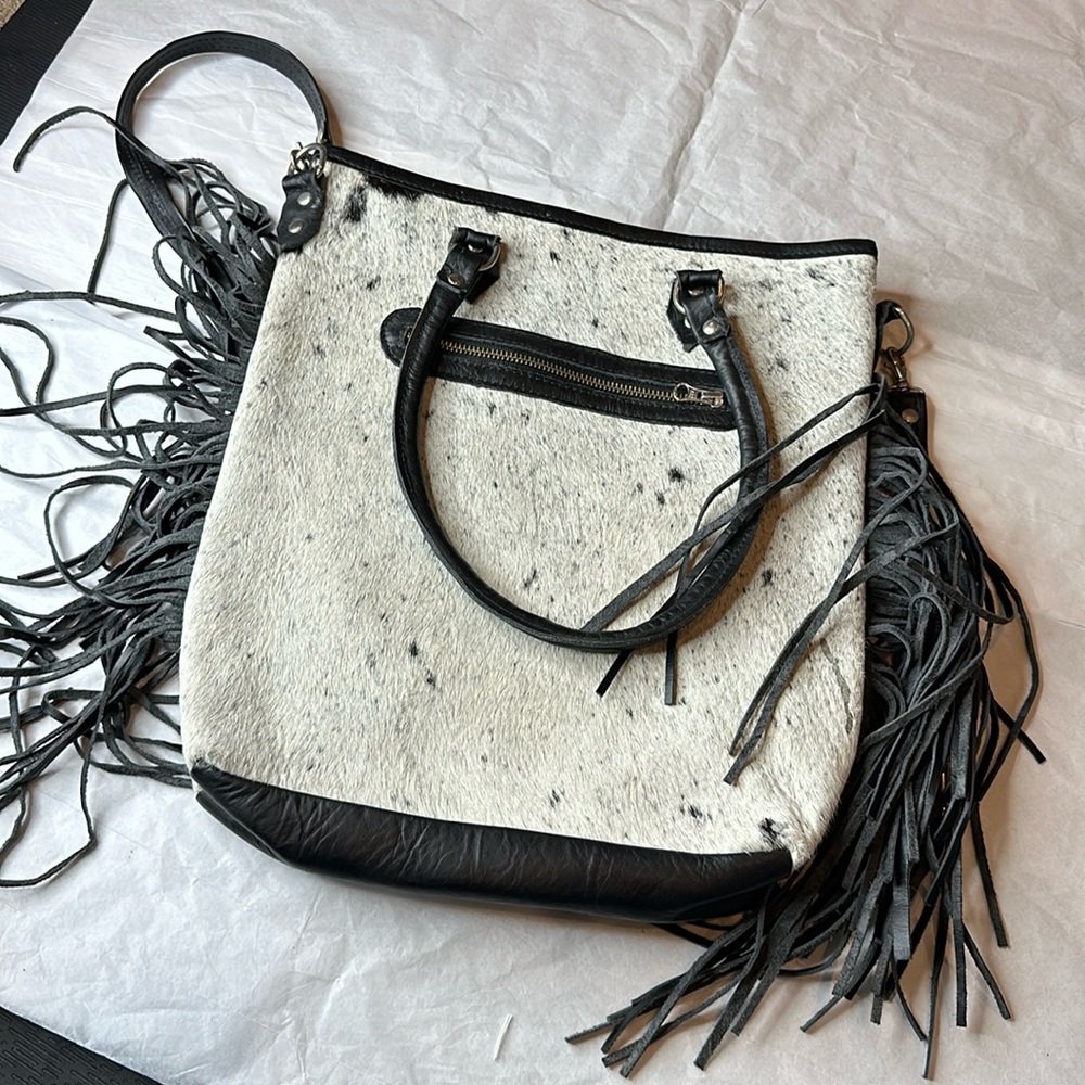 Fringed real leather cowhide bag. Black & cream
